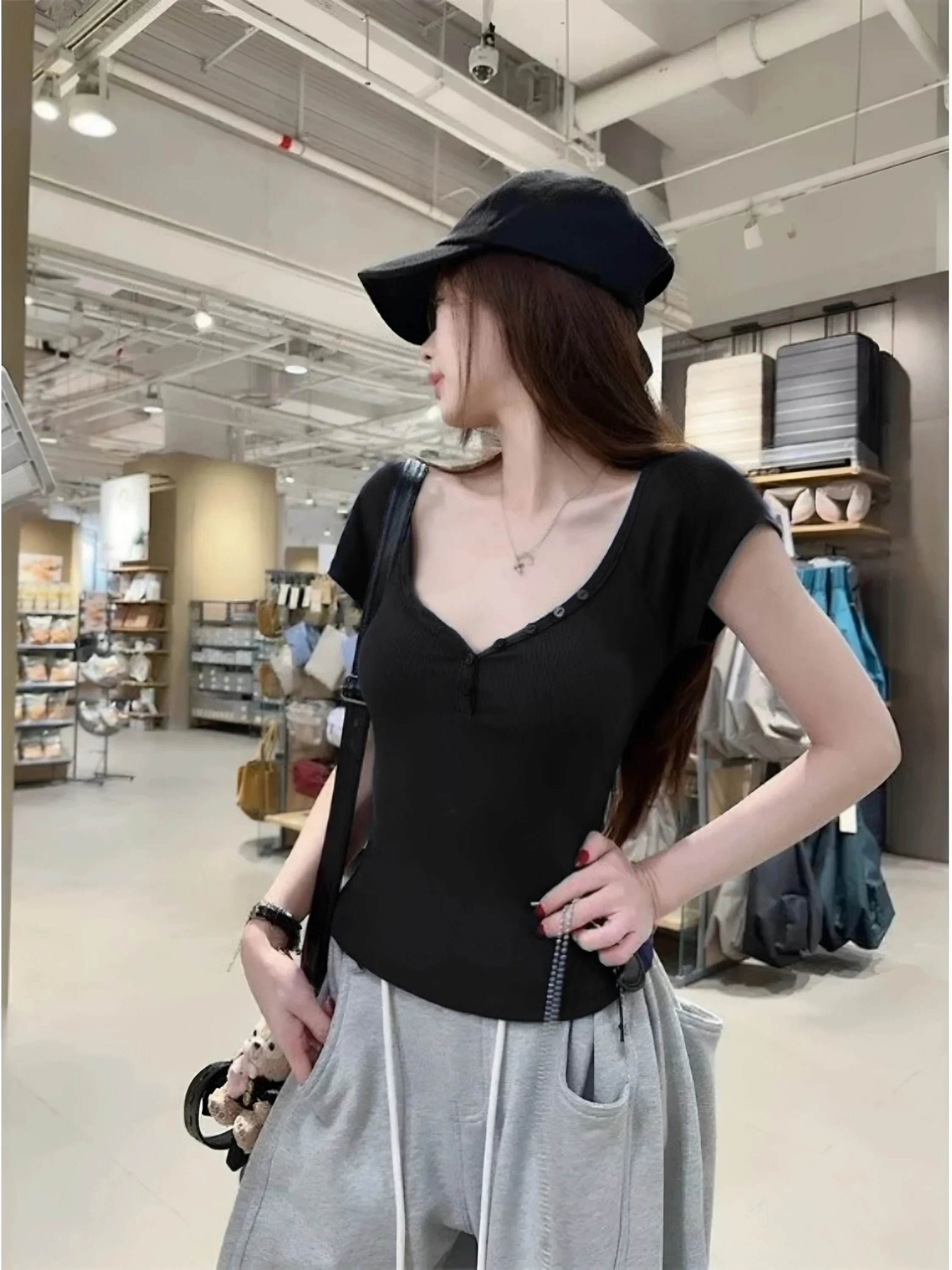 Summer Slim Fit Short Sleeve T-Shirt Women's V-Neck Cotton 95% Elastic Fiber Button up Shoulder Appropriate Casual Top