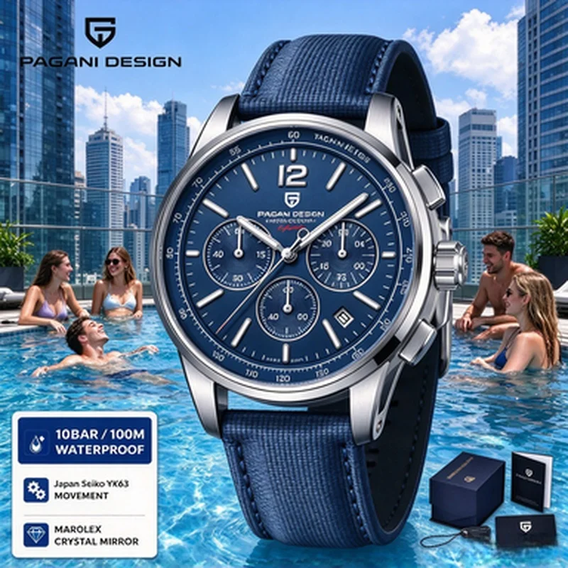 Sapphire Glass PAGANI DESIGN Men Quartz Watch VK63 100M Waterproof Stainless Steel Strap Casual Wristwatch