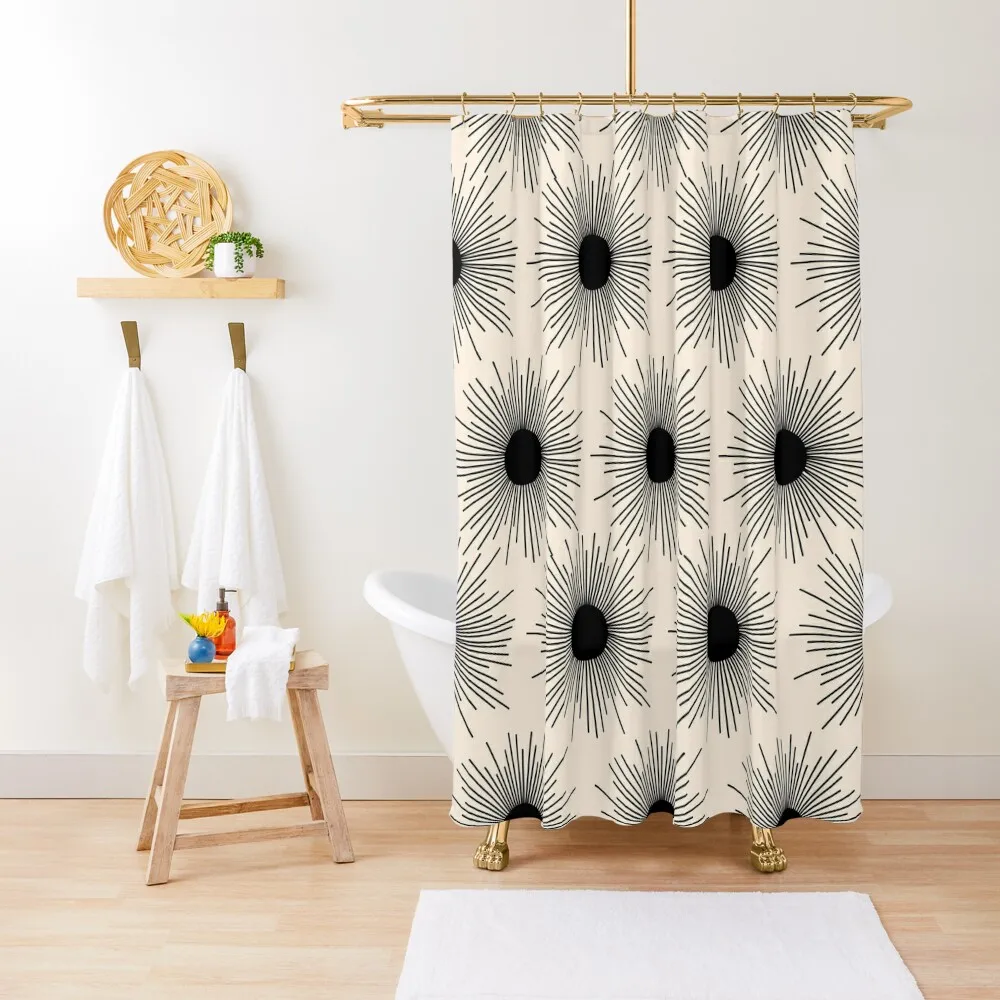 Sunburst Mid-Century Modern Sun Pattern in Black and Almond Cream Shower Curtain Elegant Bathroom Curtain