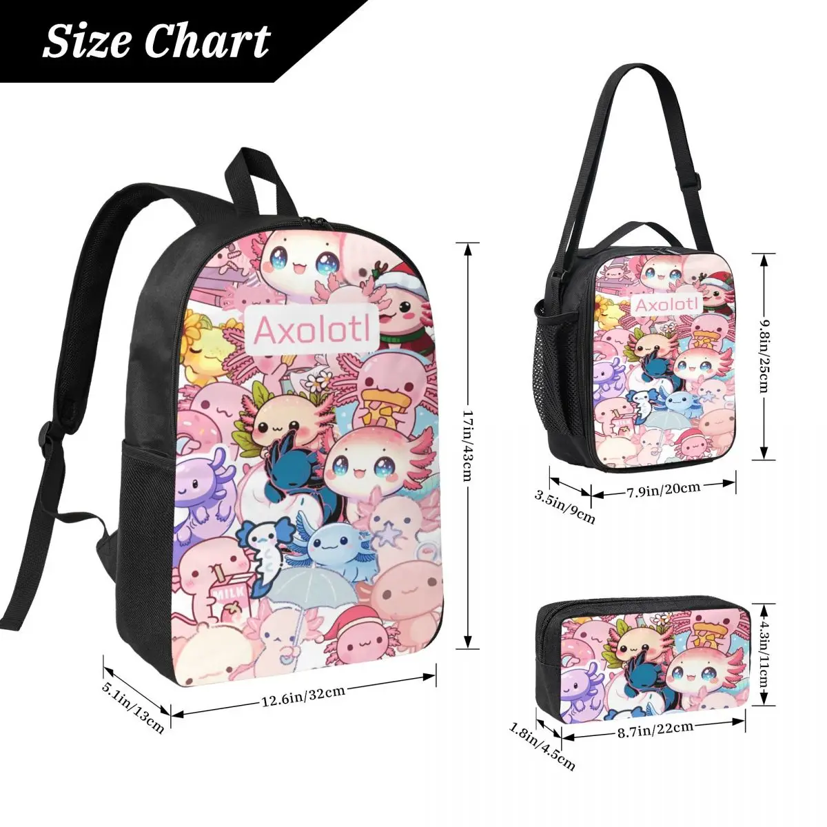 3Pcs Axolotl Accessories Backpack Set for Children Pencil Boxes Bookbag Sets with Lunch Box For School Students Daypack