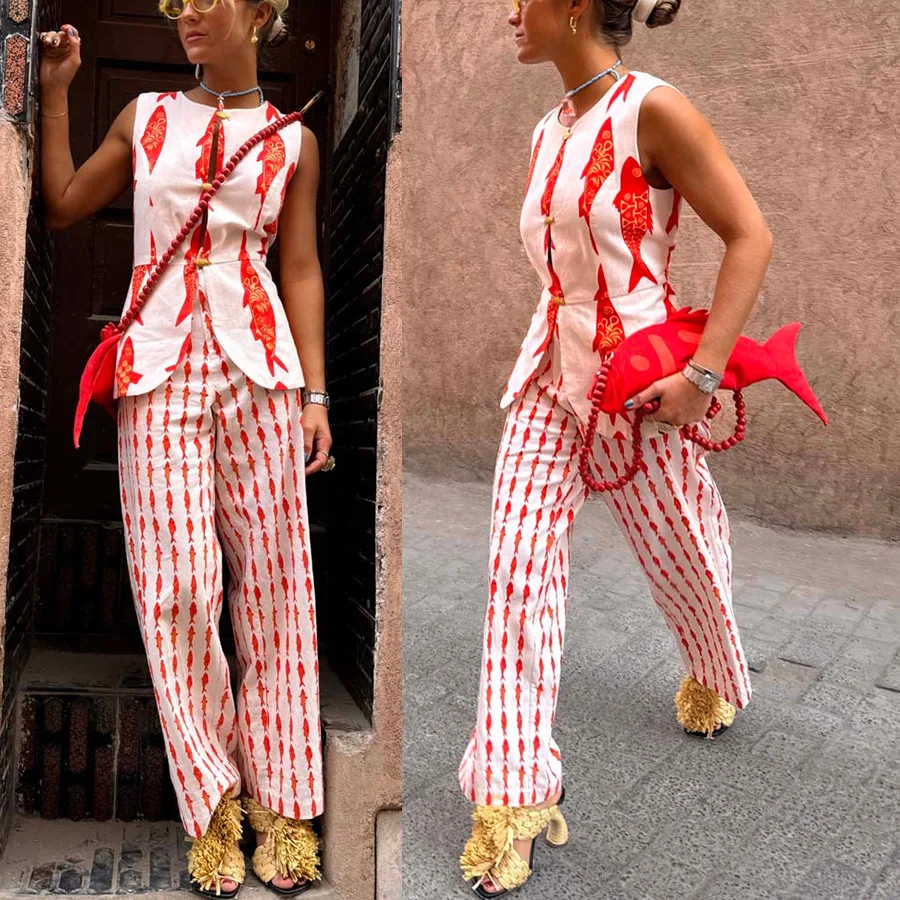 2025 Nuovo set canotta stampata Set elastico in vita allentato Set da due pezzi Completo da donna Pantaloni lunghi Chiusura con bottoni