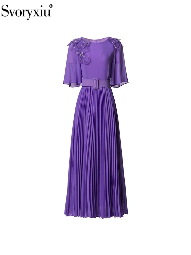 

Svoryxiu Spring Summer Fashion Purple Elegant Knee Length Dress Women's O-Neck Nail Bead Diamond Appliques High Waist Dresses