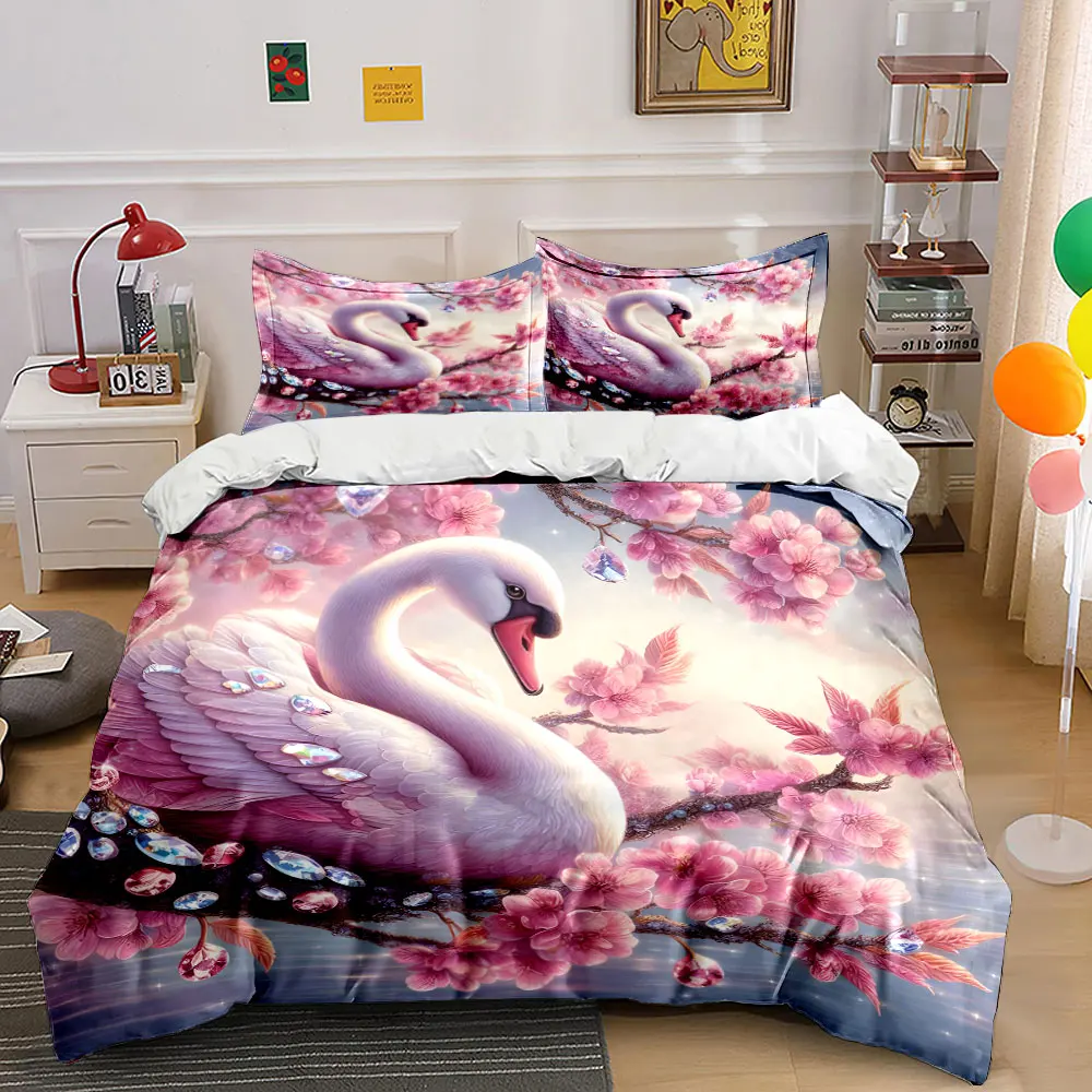 Elegant swan with pink blossoms Bedding Set for Kids Luxury Gift 3pcs Digital Print Comforter Set Soft Comfortable Breathable