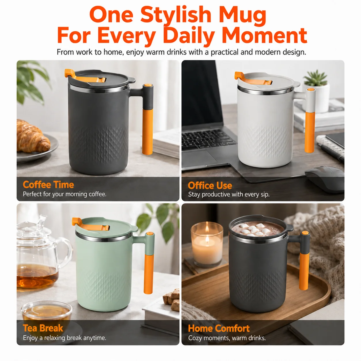 Uwhise 450ml Stainless Steel Coffee Mug With Lid Double Wall Insulated Water Cup For Office Work Hot Drinks Anti Scald Desk Cup - view 6