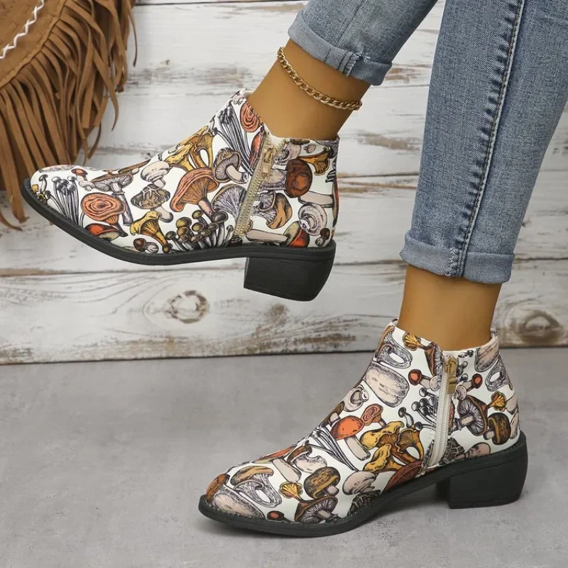 Women Mushroom Printed Ankle Boots  Autumn Zipper Pointed Thick Heel Retro Short Boots Platform Shoes Botas De Mujer Zapatos