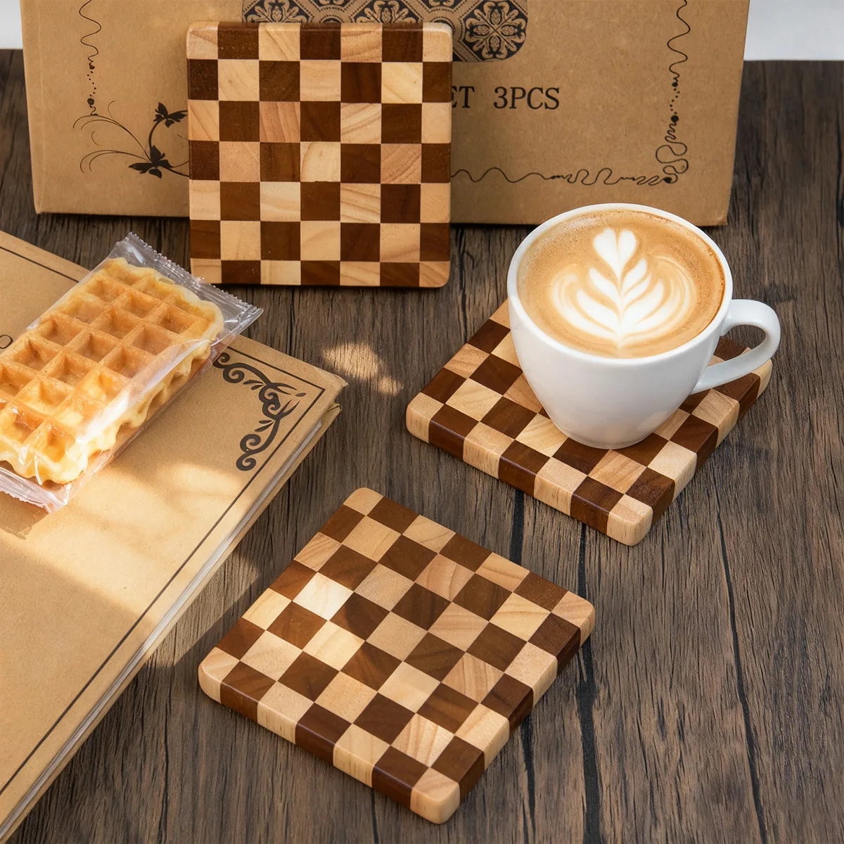 

Lusen Rubber Wood Chessboard Coaster Insulation Wood Carbonized Vertical Tea Saucer Cake Saucer Coaster