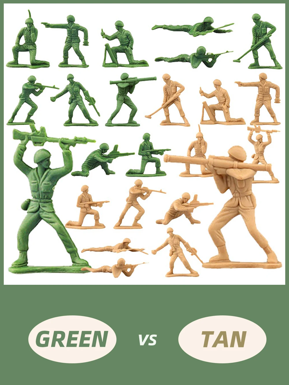 ViiKONDO Army Men Toy Green vs Tan Soldier 100pcs Plastic Classic Military Guy 12 Poses Modern Battle Fun Wargame Gift for Kids