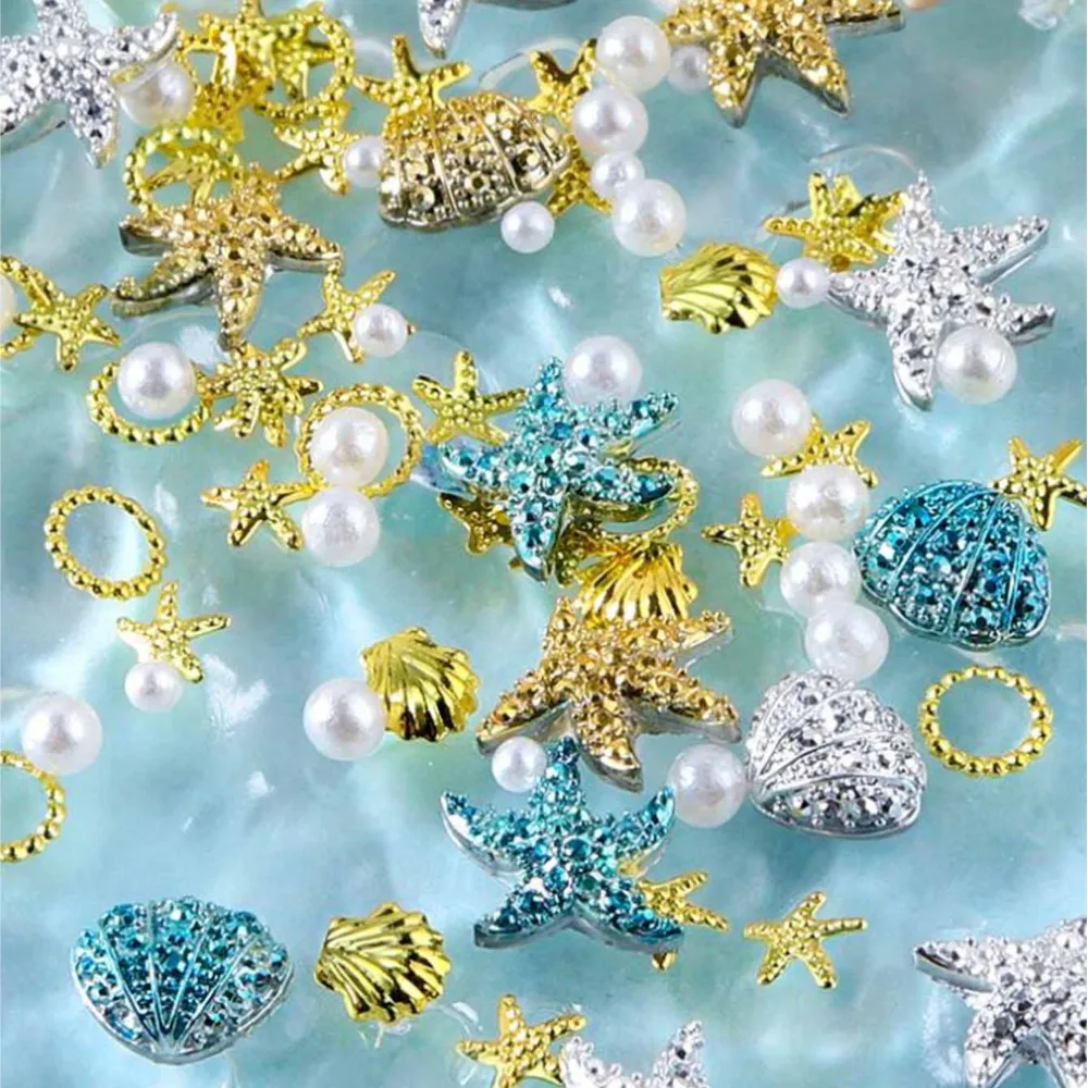 1Bag Summer Ocean Rivet Studs Nail Charms Starfish Sea Shells Metal Rivets Mixed Pearl Beads Nail Art Decoration DIY Women Salon