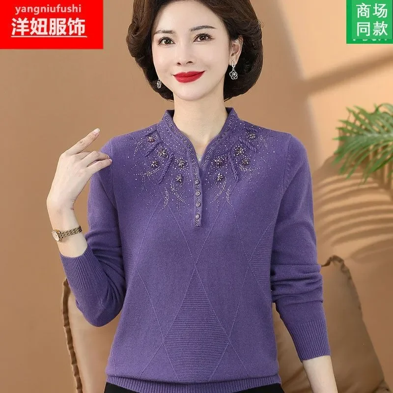 Women's Spring Autumn Sweater Diamond Keep Warm In Winter Plus Size Pullover Wool Korean Fashion Chinese Style Cheongsam Collar