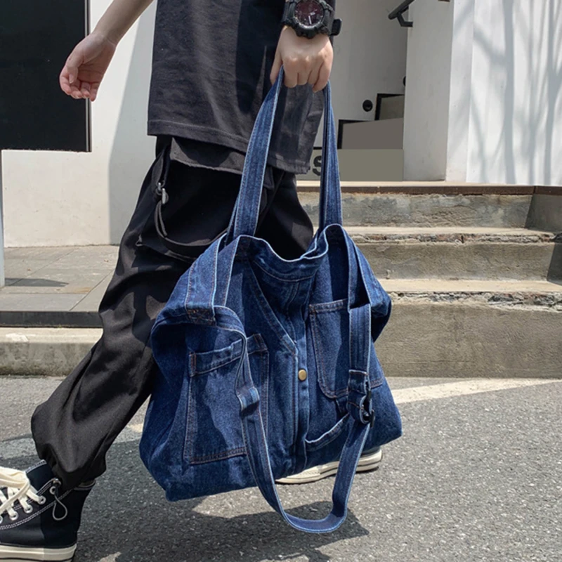 Denim Tote Bags for Women and Man Large Capacity Design Handbag Unisex Casual Blue Shoulder Shopping Pack Jeans Japan Style Y2K