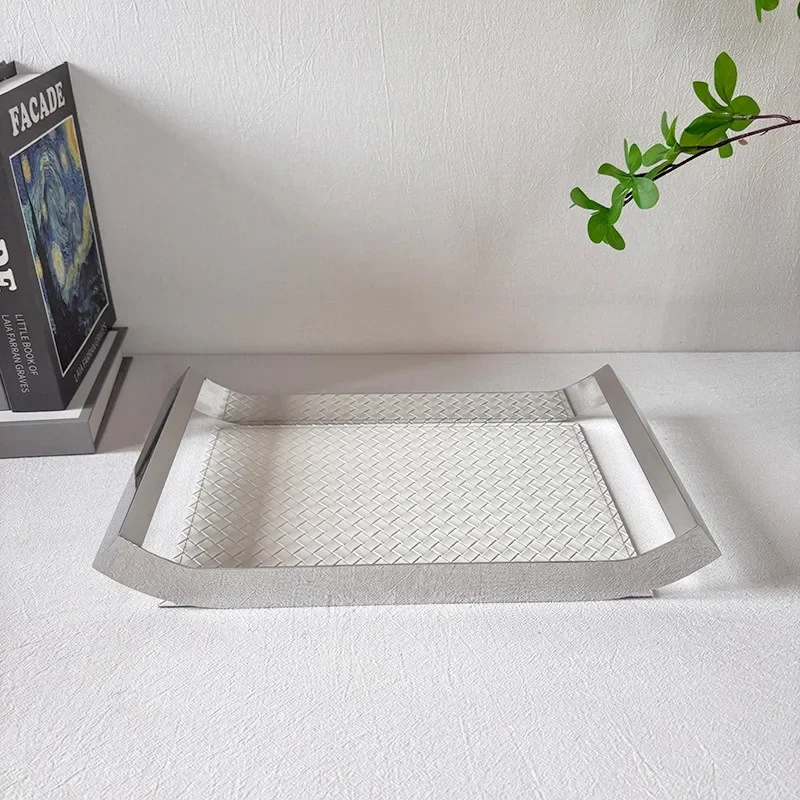 Stainless Steel Organizer Tray Leather Woven Storage Trays Modern Luxury Decorative Tray Rectangular Accessory Trays With Handle