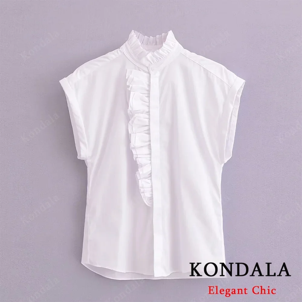 

KONDALA Vintage White Women Shirt Fashion 2025 Summer Fall Laminated Flying Sleeve Shirts Office Lady Blouse Chic Elegant Top