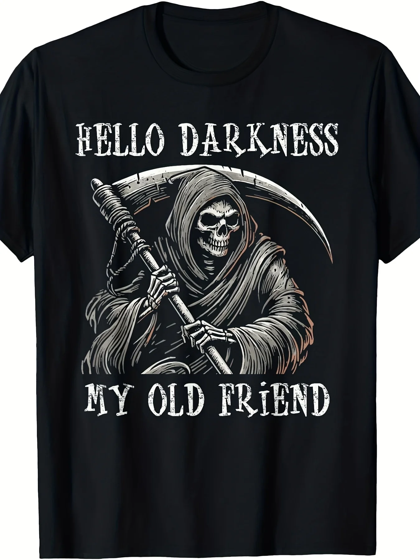 Men's Gothic Grim Reaper T-Shirt- Vintage Horror Graphic Tee with Hello Darkness My Old Friend  ScytheSkull Design- Loose Fit Casual Shirt for, Gothic Outfits Year-Round Wear