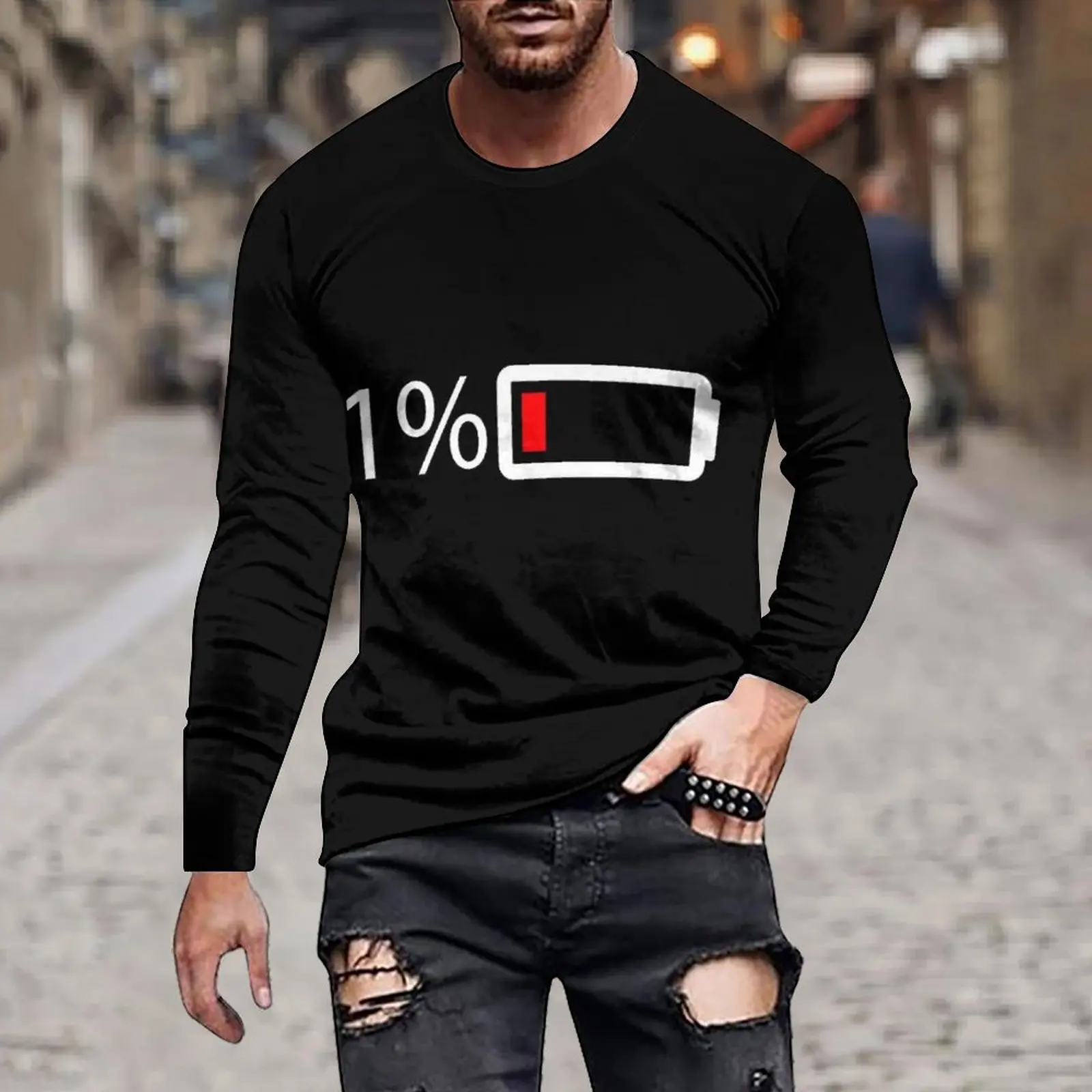 Men's Spring And Autumn Low Battery Print Fashion Loose Casual Warm Simple Black And White Irregular Print Long Sleeve O-neck