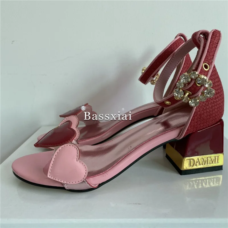 Sweet Love-heart One-Strap Sandals Women Letter Square Heel Open Toe Crystal Buckle Banquet Shoes For Girls Summer