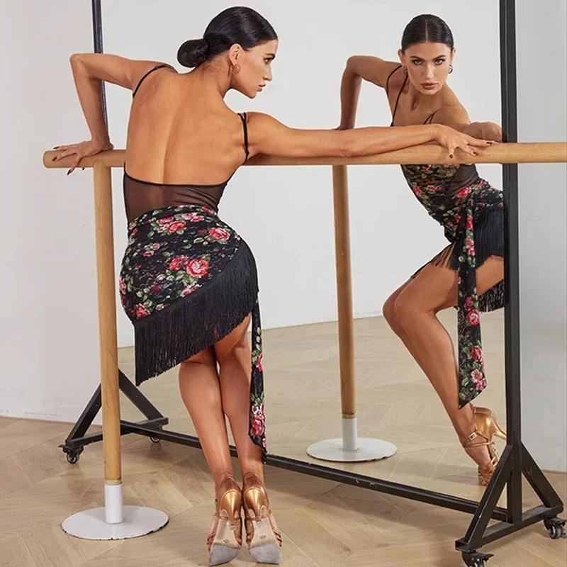 Costume de danse latine pour femmes, haut imprimé floral, jupe d'été, vêtements de pratique latine, Cha Cha Rumba, robe de spectacle de Salsa