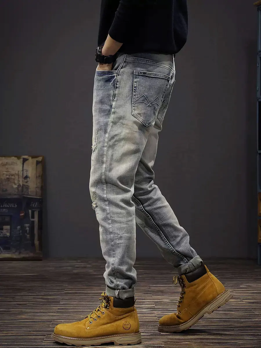Streetwear Fashion Men Jeans Retro Light Blue Stretch Slim Fit Embroidery Ripped Jeans Men Vintage Designer Denim Pants Hombre