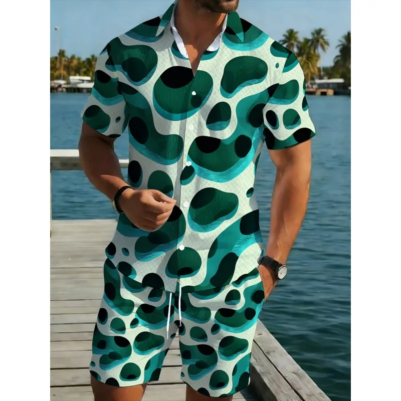 Men's Lightweight Polyester Beach Casual Set Green Abstract Pattern Short Sleeve Shirt & Shorts for Summer Outdoor Vacation