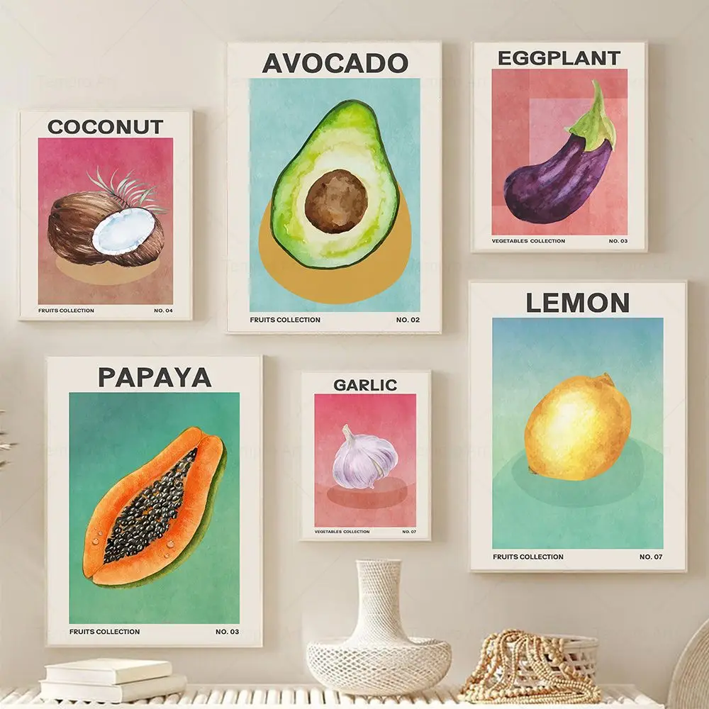 

Food Fruit Vegetable Kitchen Poster Avocado Coconut Eggplant Prints Canvas Painting Wall Picture Midcentury Modern Room Decor