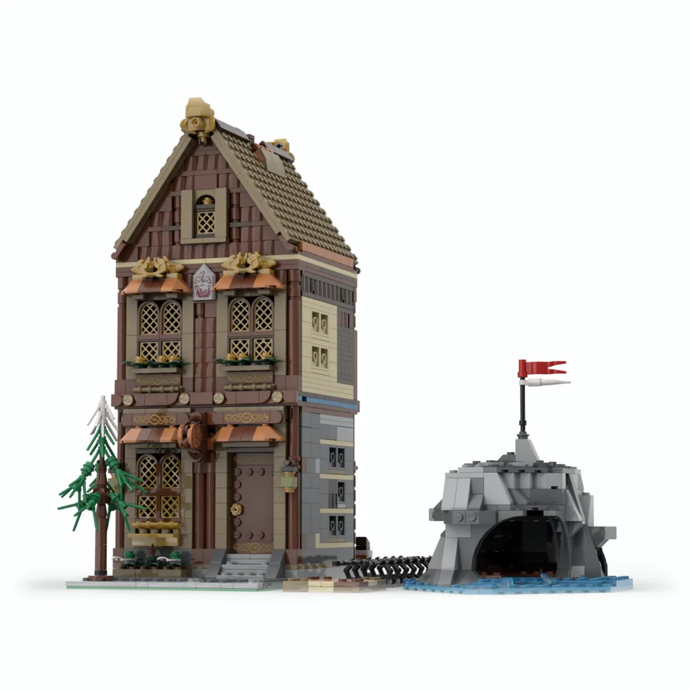 1943 sztuk MOC klocki średniowieczna architektura Viking Shop montaż zabawka prezent kreatywny model prezent dla dzieci zestaw noworoczny