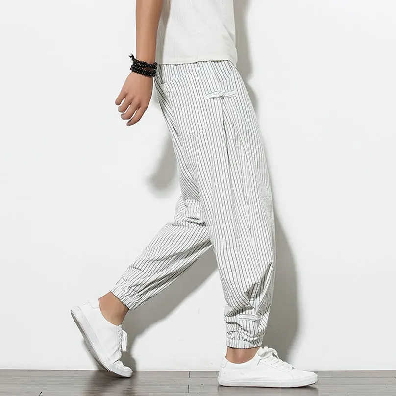 

Summer Cotton Linen Stripe Casual Pants Men's Cuffed Button Harem Pants Loose Fit Long Trousers Youthful Energy Sle Thin
