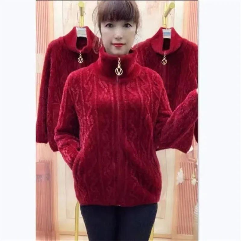 Cappotto di velluto di visone imitazione madre anziana di mezza età autunno inverno addensare Cardigan lavorato a maglia maglione donna giacca