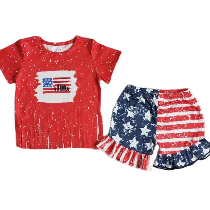 4th of July kids outfit baby boutique clothes USA flag  tops matching shorts 2 pcs sets summer casual wear