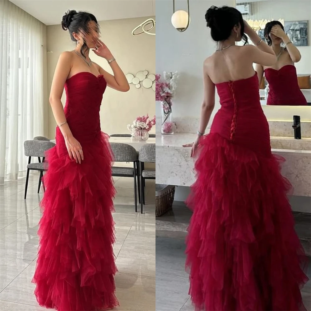 

Saudi Arabia Prom Dress Evening Strapless Sheath Floor Length Layered Tulle Bespoke Occasion Dresses Formal Gown