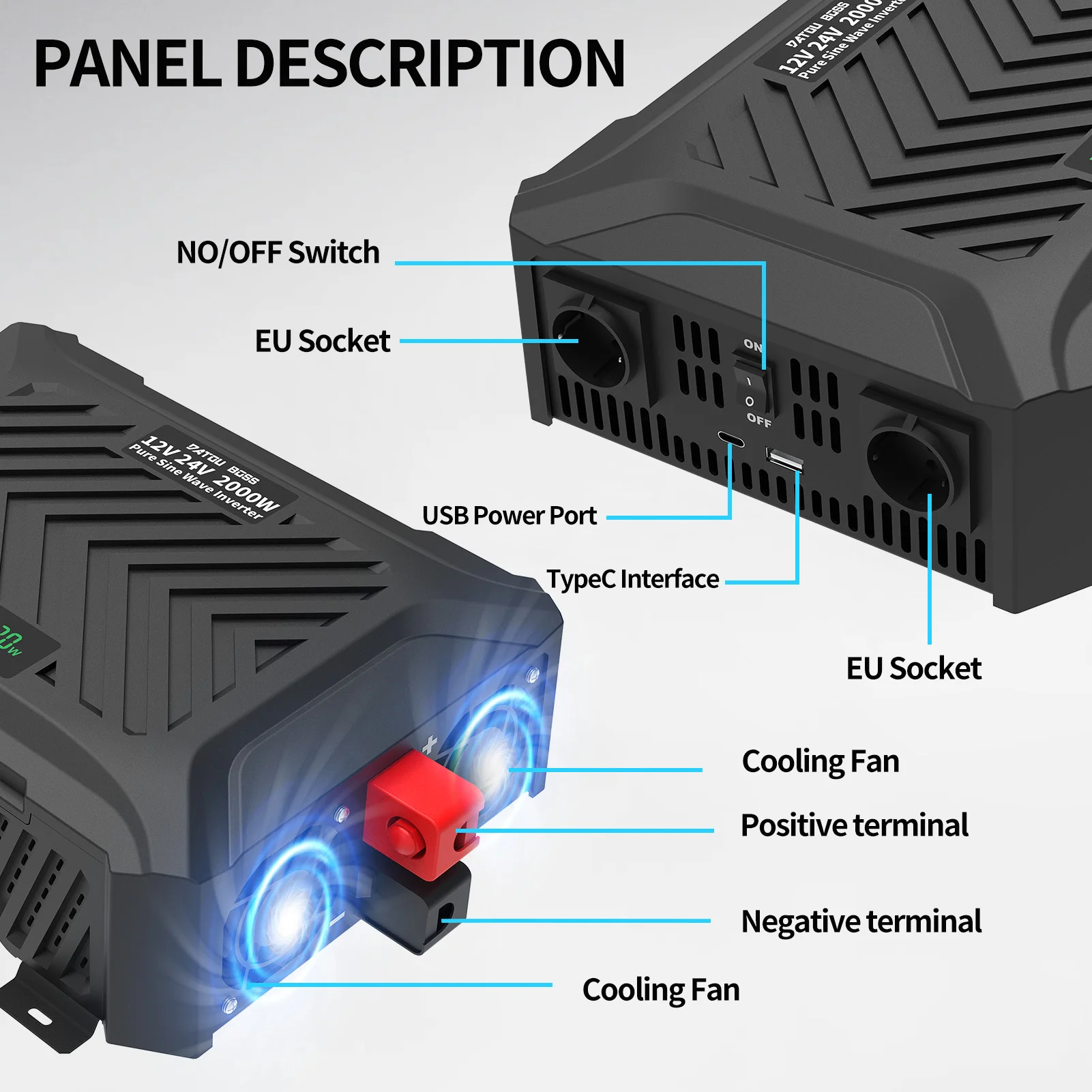 Datouboss 12V/24V Auto-Switching Pure Sine Wave Car Inverter, 2000W, 50Hz - High Efficiency Power Converter