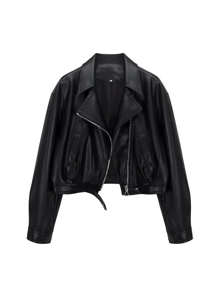 

Sweet Cool Short Black Biker Style Jacket Women's Spring 2025 New Retro High-End Feel Outerwear Loose Fit Long Sleeve Zipper