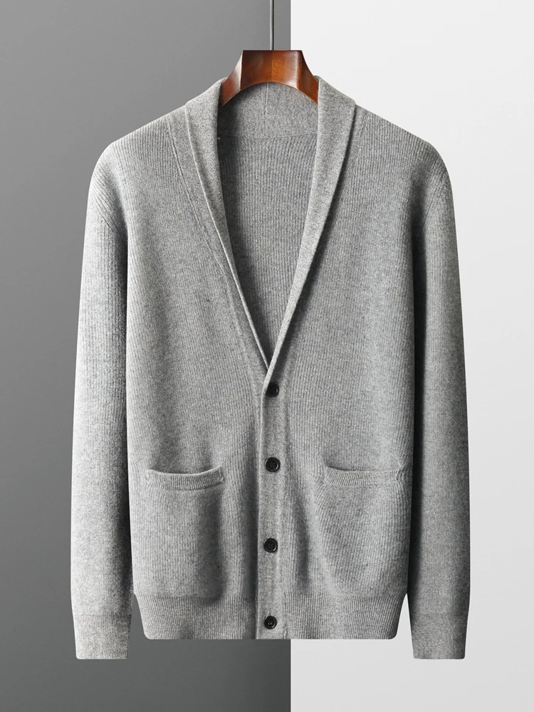 TLOML Men's 100% Merino Wool Knitwear Shawl Collar Pocket Cardigan Autumn Winter Cashmere Sweater Thicken Gentleman Wool Coat