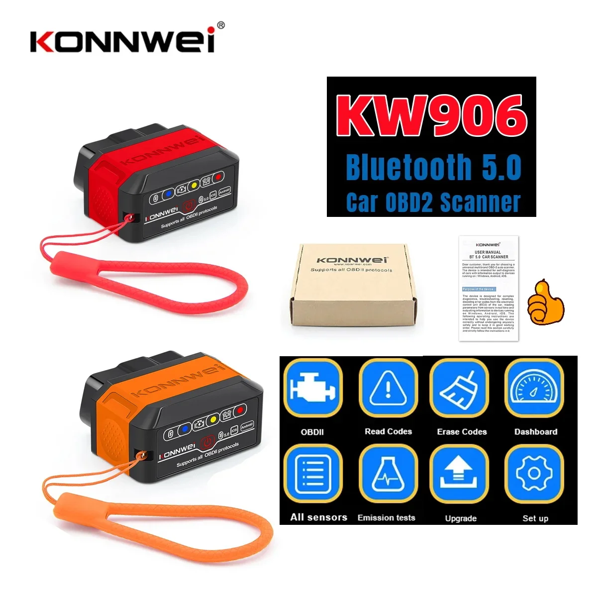 KONNWEI KW906 ELM327 V1.5 Pic18F25K80 OBD2 Scanners Bluetooth 5.0 For Android/IOS OBD 2 Car Diagnostic tool Code Reader PK iCar2