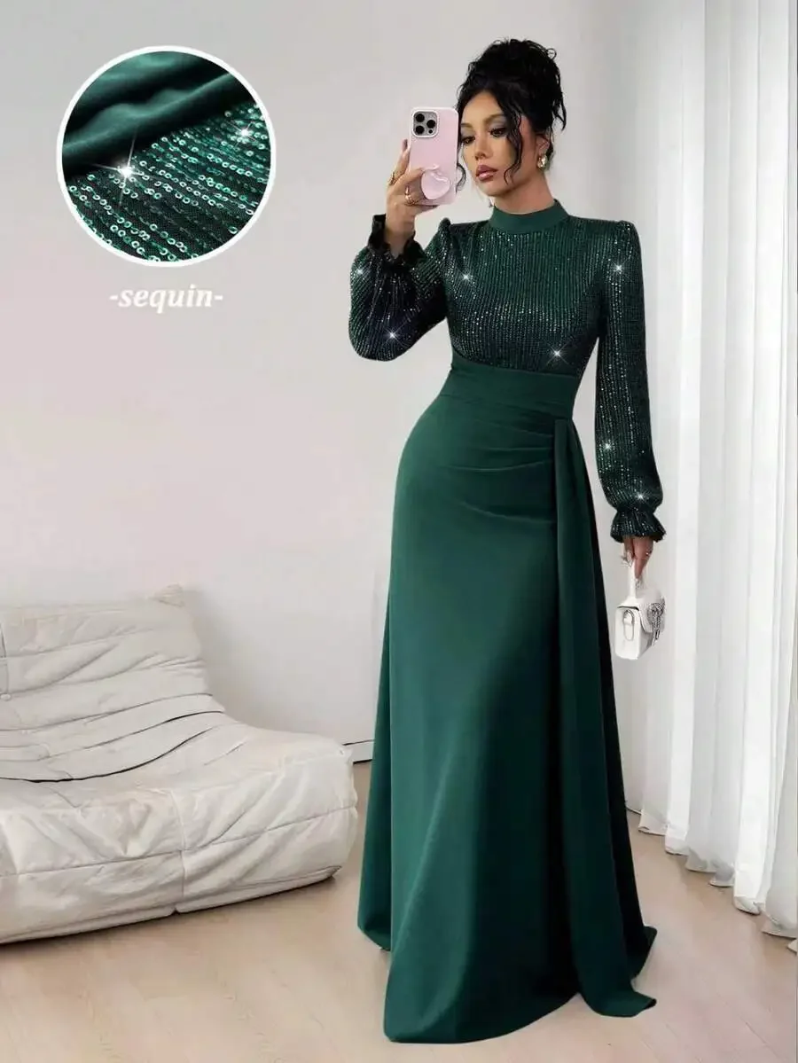 

Elegant Sequin Long Sleeve High Neck Floor Length Gown For Banquet Party Wedding Guest