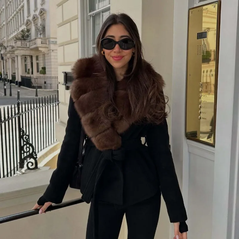 Cross-border Bestseller Autumn Winter This Short Woolen Coat Stylish Elegant Lady Style Featuring  Fur Collar Fitted Waist Tie