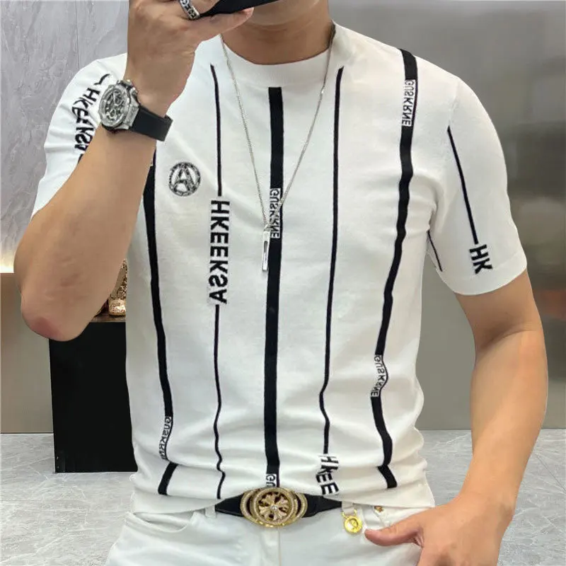 2023 Knitting Stripe Round Neck Tee Shirt Summer Top Streetwear Social Club Outfits Slim T Shirt Men Homme Camiseta Masculina