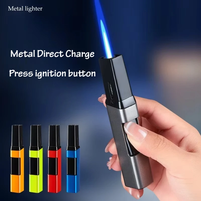 2026 New Fashion Gradient Color Press Lighter Small Spray Gun Blue Flame Outdoor Windproof Metal Butane Inflatable Lighter