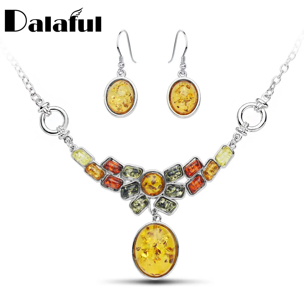 Elegant Chic Colorful Baltic Synthetic Dangle Earring Honey Pendant Necklaces Flower Wedding Jewelry Sets L41501D