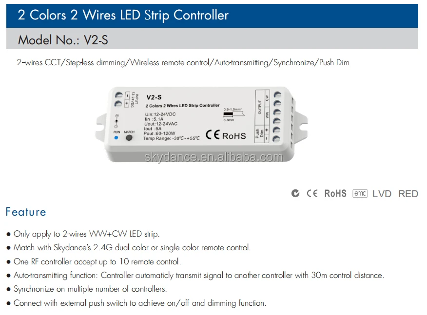 Controlador LED de 2 colores, receptor inalámbrico RF R12 de 12 a 24V de CC, 2 cables, 2,4G, Control remoto 0 a 100%, atenuación para 2 cables, tira LED WW + CW