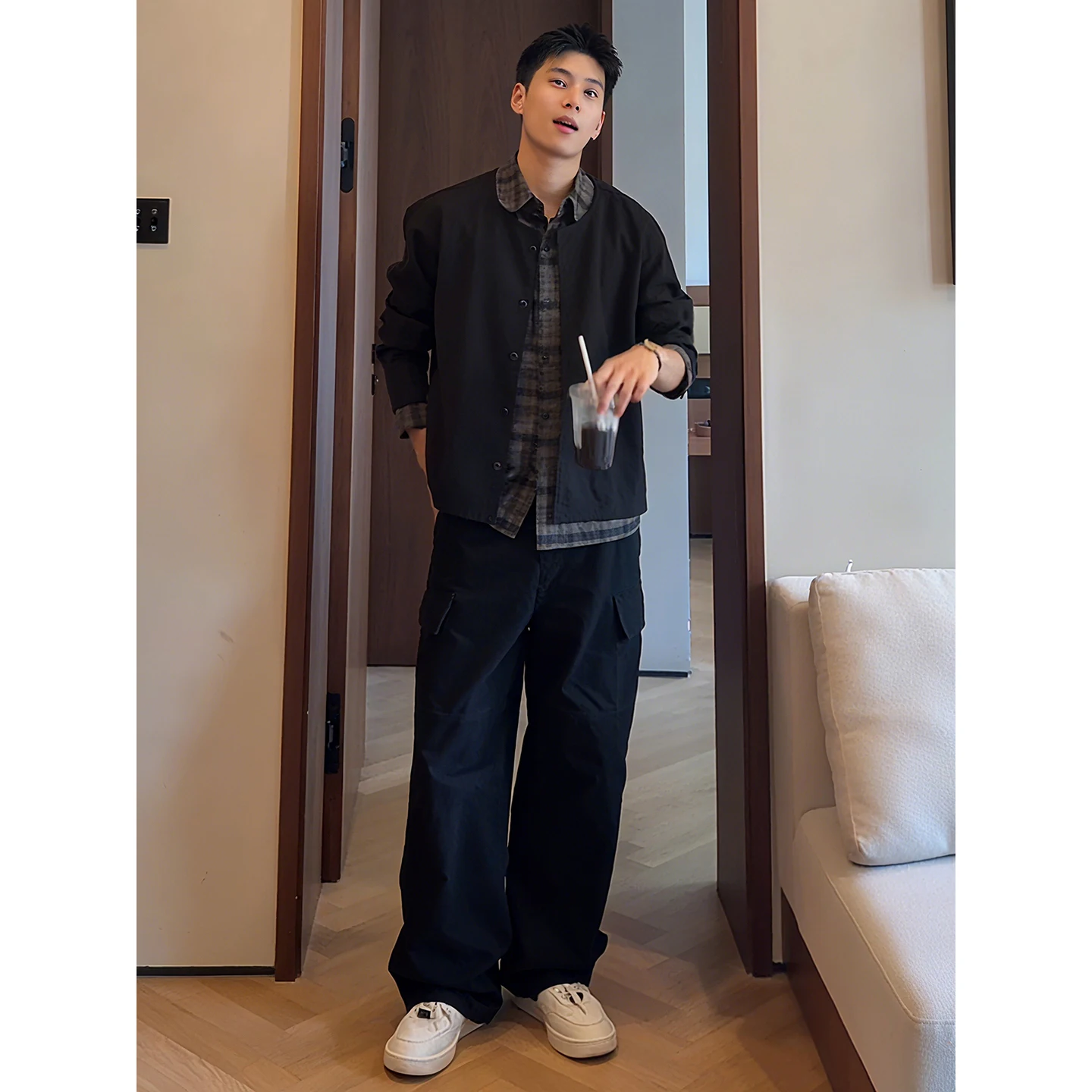 

Bla Plaid irt Collar Knitted Sweater Men's Korean Sle Early Autumn Clothing Open Cardigan Coat for Young Men Daily Wear