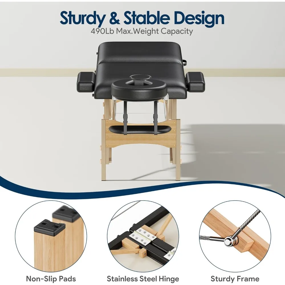 طاولة تدليك سرير خشبي محمول مقاس 24 بوصة ارتفاع قابل للتعديل وطاولة سبا قابلة للطي وسرير وشم قابل للطي (أسود) #3