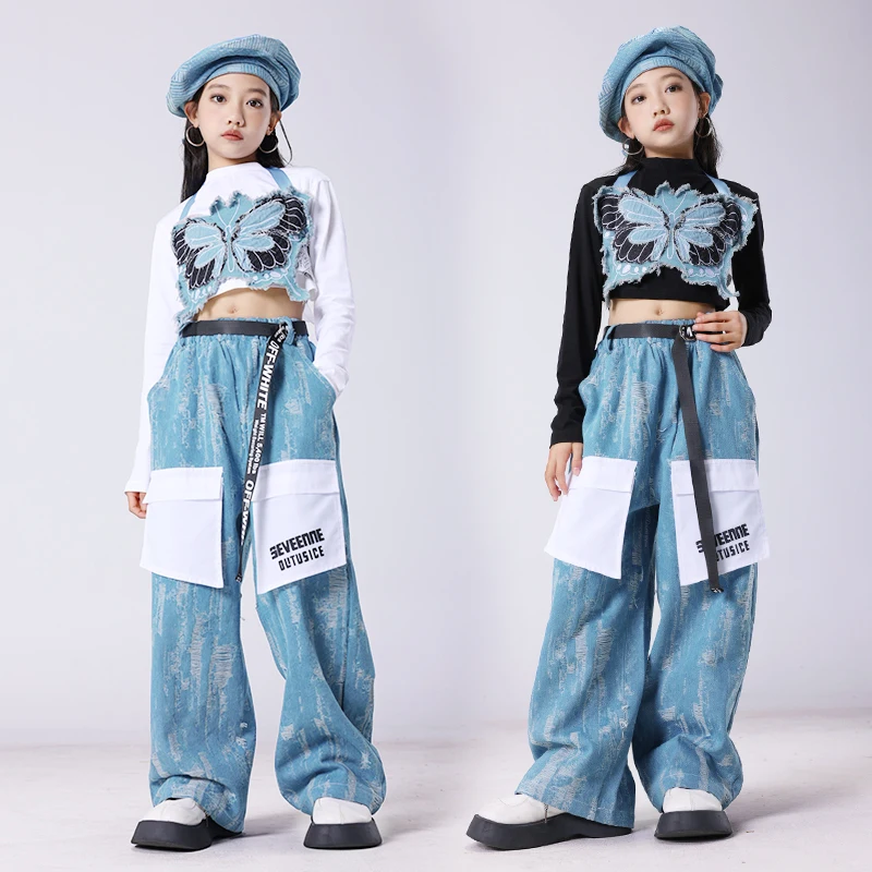 Kids Kpop Hip Hop Clothing Butterfly Crop Tank Tops Casual Patch Ripped Jeans Pants Skirt for Girls Jazz Dance Costumes Clothes