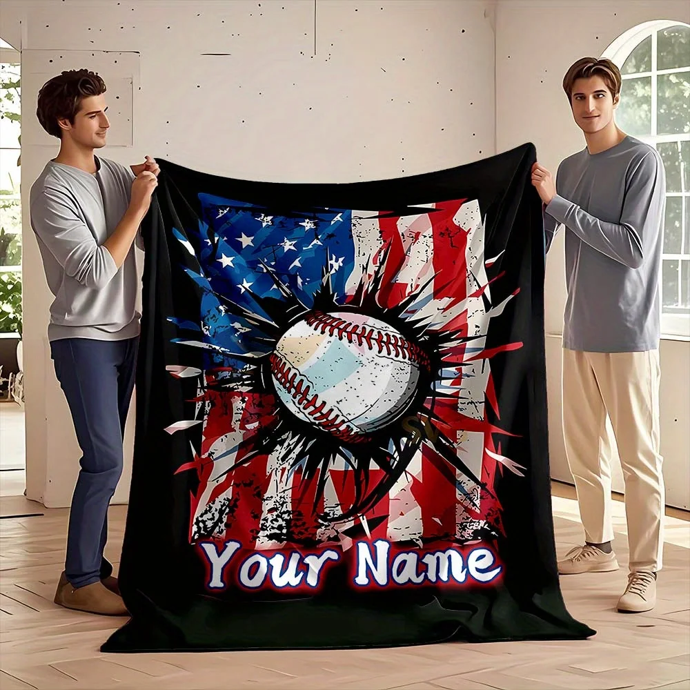 Personalized Baseball US Flag Custom Name Pattern Flannel Blanket Warm Cozy Printed Throw Blanket for Living Room Bedroom Travel