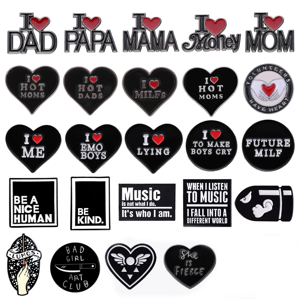 

Black Series Enamel Brooch Love Family Money Emo Be Kind Music Bullets Magic Bad Girls Club Metal Badge Punk Lapel Pins Jewelry