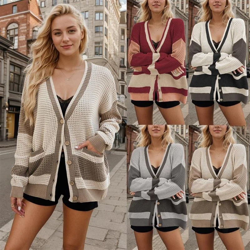 

Colorblo ket V-Ne plus Size Sweater Long Sve Open Cardigan Sle Women's Knitwear Spring Season Faion Trend