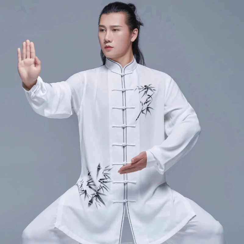 Kun Master Hand Painted Bamboo Leaves Kung Fu Uniform Martial Arts Tai Chi Clothing White Chinese Traditional Clothes