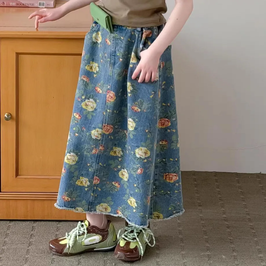 Children's Skirt 2026 Summer Collection Spicy Girl Floral Wide Leg denim Loose Straight Tube Casual Long Skirt