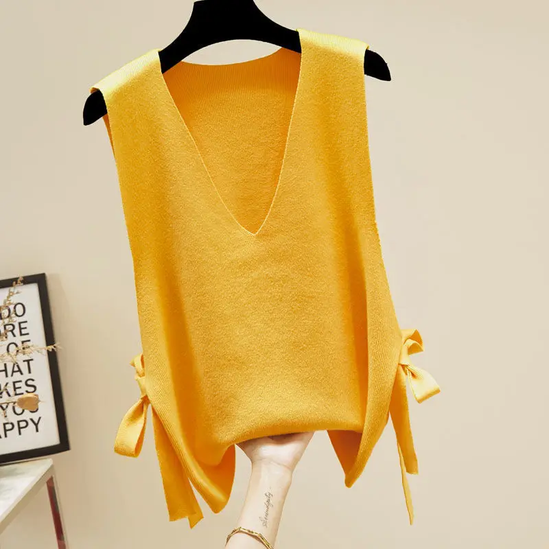 Spring Autumn New Sleeveless Bandage Loose Vest Solid All-match Lacing Elegant Knitting Sweaters Fashion Korean Women Clothing