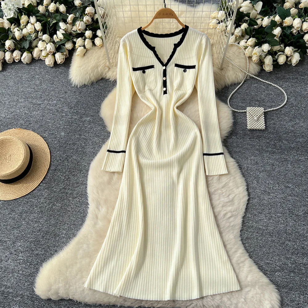 

Long Dress Women Knit Dresses A Line Vestidos Y2k Streetwear V Neck Full Sleeve Elegant Splice Party Night Work Autumn Winter