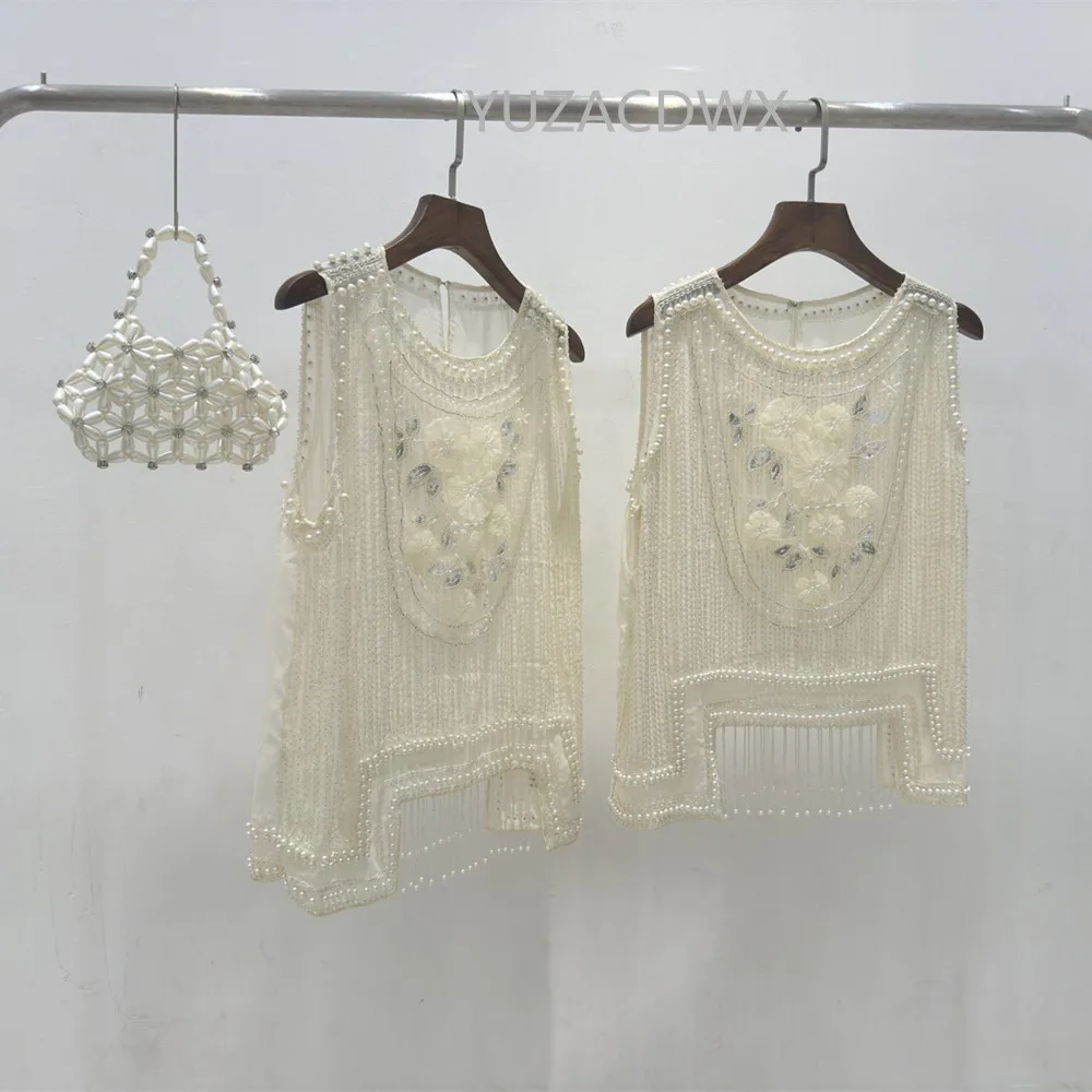 Fashion Women Beaded Sequin Embroidery Tassel Floral T-shirt Fashion Holiday Sleeveless O-Neck Top y2k clothes ﻿Summer 2024