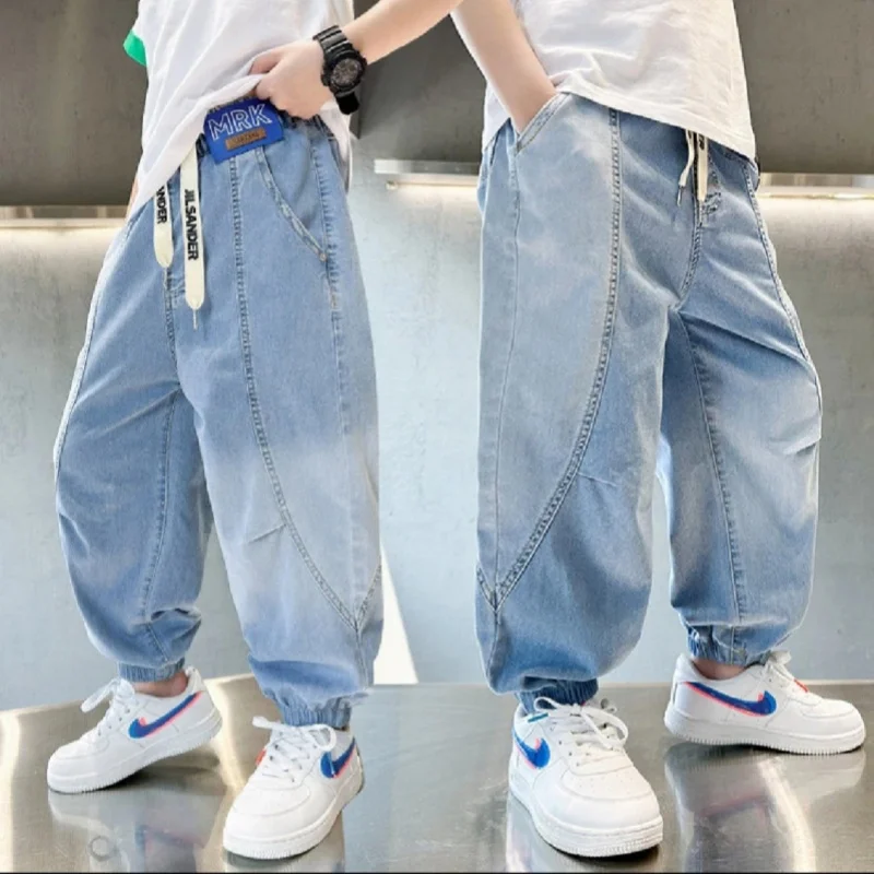 Summer New Boys' Anti-Mosquito Lightweight Jeans Gradient Wash Slant Side Pockets Design Available in Sizes 120-170 cm